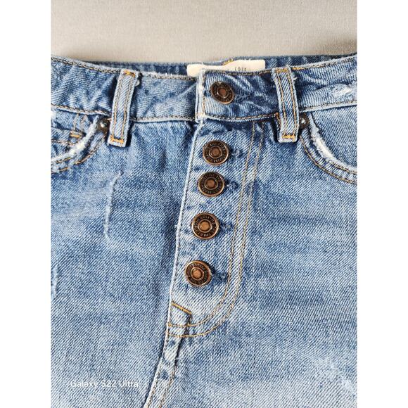 We The Free Womens Denim Skirt Size 25 Button Fly Distressed Mini - Picture 2 of 9